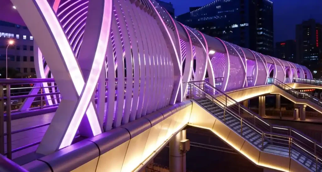 Addressable neon flex pedestrian bridge running blue scene at KAFD Riyadh