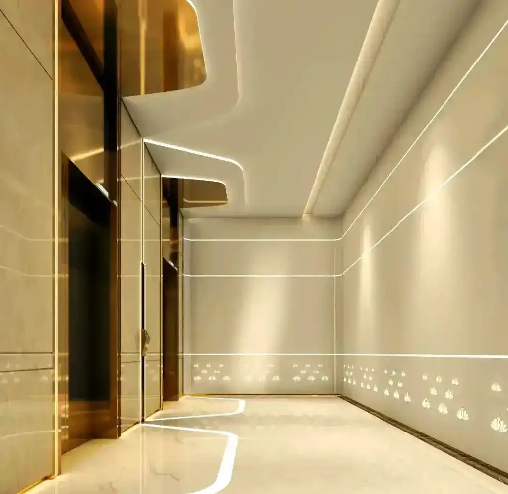 Linear LED lighting geometric outline trim across mall retail suite walls