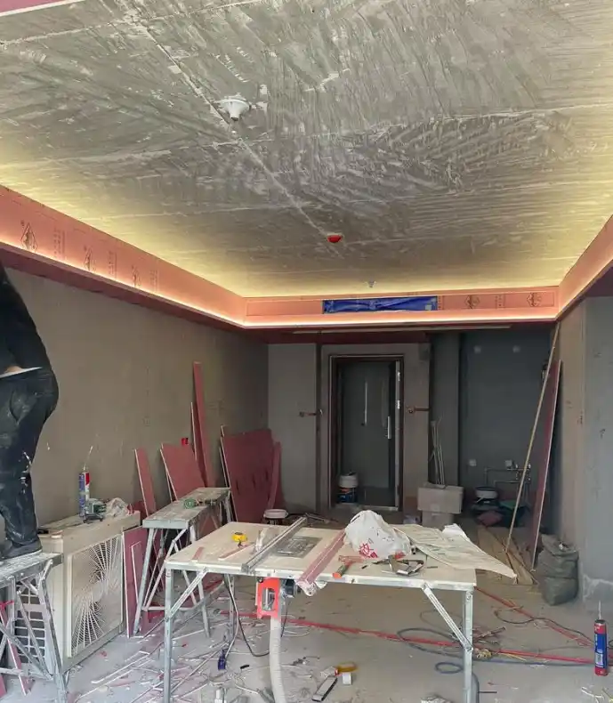 Retail kiosk lighting sci-fi wall outline trim under construction at Bangkok mall