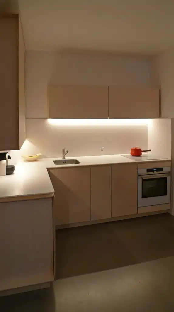 Walk-in wardrobe interior lit by a narrow cabinet COB LED strip lighting installation at a Porto joinery shop