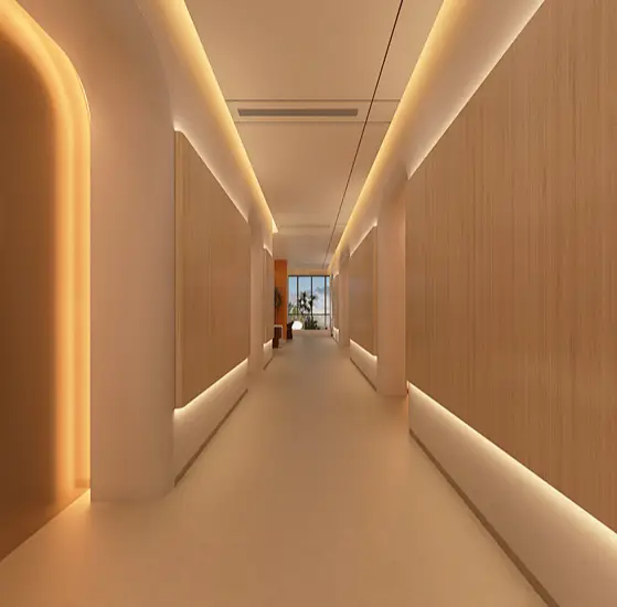 Hotel corridor COB LED strip installation with 24V linear lighting