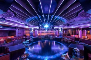 Addressable LED strip chase effect in a nightclub interior