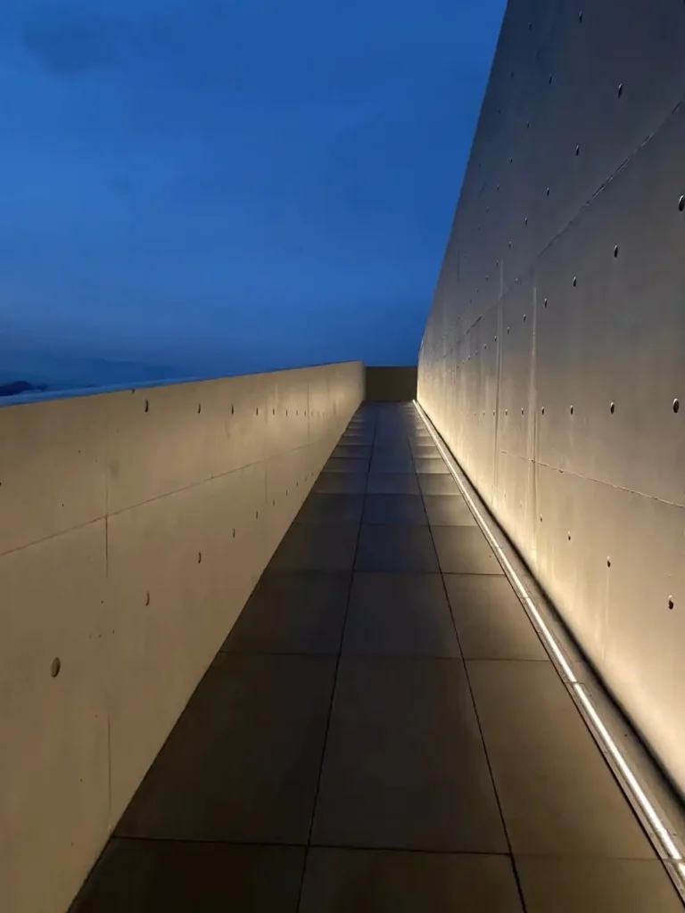 Night view of an outdoor waterproof COB LED strip facade lighting a mid-size Rotterdam commercial building parapet