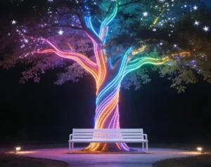 Waterproof LED neon flex along a park pathway at night