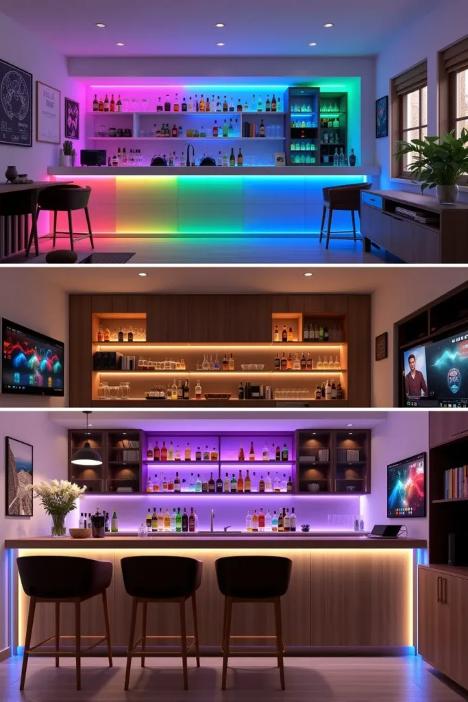 Bar-front glow using an 810 LEDs/m RGB COB LED strip seen through clear acrylic at close viewing distance
