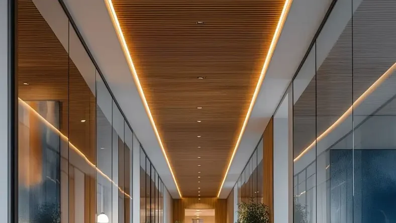 Long run COB LED strip lighting installed along a 46 m hotel corridor cove in Lyon